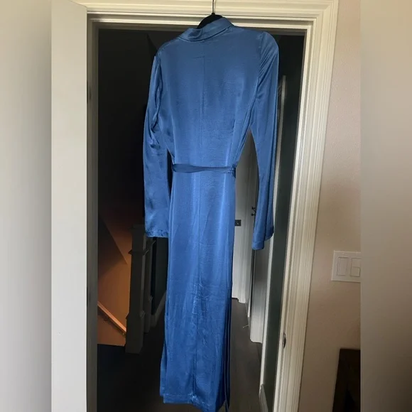 STAUD Royal Blue Satin Dress with Long-Sleeves Bell Sleeves Size M Modest Dress - Picture 5 of 10